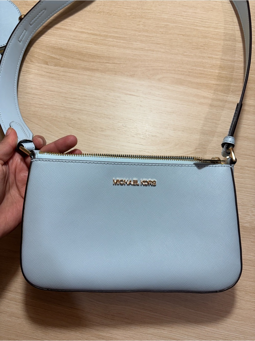 Michael Kors Pale Blue Saffiano Leather Shoulder Bag with Gold Hardware